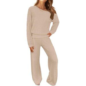Women's Fuzzy Fleece Pajama Set Off-Shoulder Sweater & Wide Leg Pants
